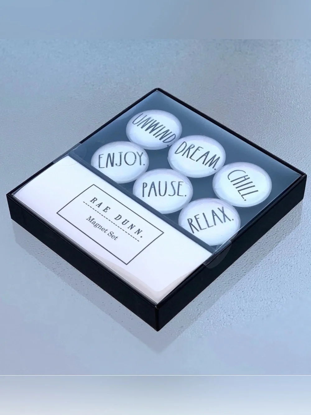 Rae Dunn Black and White Unwind 6 Glass-Dome Magnet Set